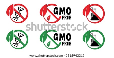 GMO free, genetically modified organism. contains ingredients that may have been derived from genetically modified ingredients. Stop, no added or artificial chemicals. Healthy organic food concept. 