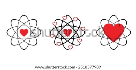 Atom molecule with love, heart icon. Nuclear energy, scientific research and molecular chemistry. Atomic structure, formula - electron, proton, neutron, elementary particle the nucleus of an atom. 