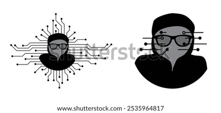 Faceless, unknown cyber attack. balaclava helmet, criminals mask stealing data. Hybrid war and warfare, DDoS attack. Hacker or anonymous and cyber crime. Criminals phishing steal personal data.