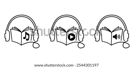 Audiobooks. Cartoon open book and pages. Education concept. Line drawing. Opened books sign. Book store logo. Flying pages. World book day. Audio book, podcast concept. Music play tools.