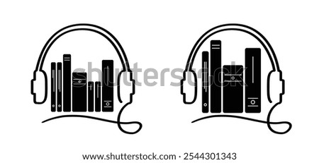 Audiobooks. Cartoon open book and pages. Education concept. Line drawing. Opened books sign. Book store logo. Flying pages. World book day. Audio book, podcast concept. Music play tools.