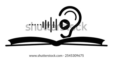 Audiobooks. Cartoon open book and pages. Education concept. Line drawing. Opened books sign. Book store logo. Flying pages. World book day. Audio book, podcast concept. Music play tools.