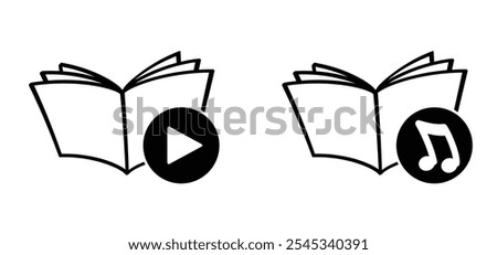 Audiobooks. Cartoon open book and pages. Education concept. Ear icon. Opened books sign. Book store logo. Flying pages. World book day. Audio book, podcast concept. Music play tools.