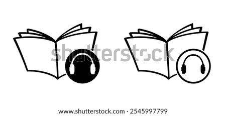 Audiobooks. Cartoon open book and pages. Education concept. Ear icon. Opened books sign. Book store logo. Flying pages. World book day. Audio book, podcast concept. Music play tools.