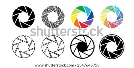 Cartoon aperture logo. Aperture black and outlined icon or pictogram. For Camera zoom objective or lens. Shutter camera aperture lens set. Photography circle open diaphragm. photo camera eye concept.