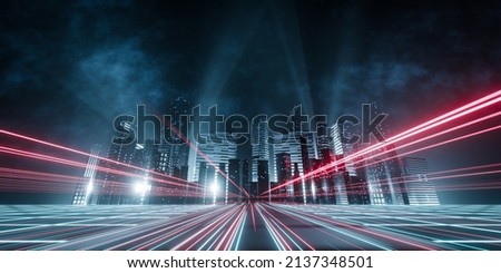 3d rendering cityscape with red and light blue light trail on road. Concept city, downtown district, town at night with bright neon light. Stock fotó © 