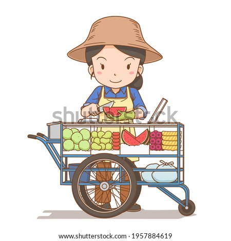 Cartoon illustration of Thai fresh fruit street vendor.