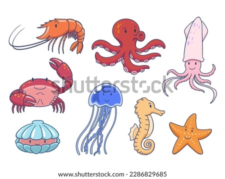 Set of cute sea animals. Vector illustration.