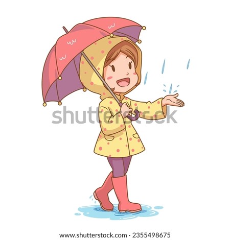 Cartoon character of girl wearing raincoat with umbrella.