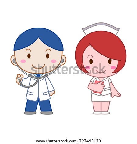 Cartoon character of doctor and nurse.