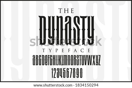Gothic high decorative font. The design inscriptions in modern gothic style with label. Perfect for alcohol labels, tattoo, logos, stores, and more