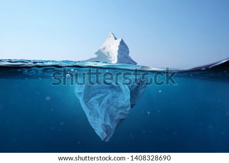 Iceberg - plastic bag with a view under the water. Pollution of the oceans. Plastic bag environment pollution with iceberg. 