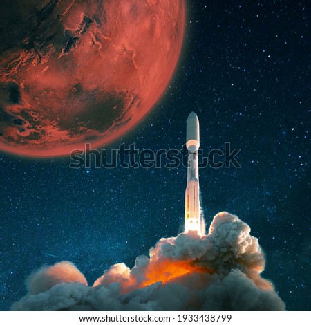 Space rocket shuttle takes off into the starry sky to Mars. Exploration and settling of the red planet Mars, concept. Spaceship with smoke and blast lift off into space.