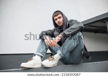 Similar – Image, Stock Photo Handsome young bearded man under the sunset