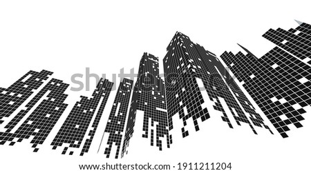 Cityscape on white background, Building perspective, Modern building in the city skyline, city silhouette, city skyscrapers, Business center, Vector illustration in flat design.