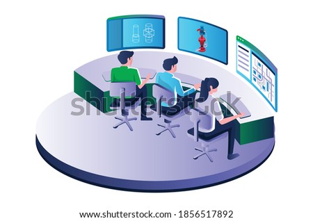 Flat concept isometric illustration, control room with several work teams 商業照片 © 