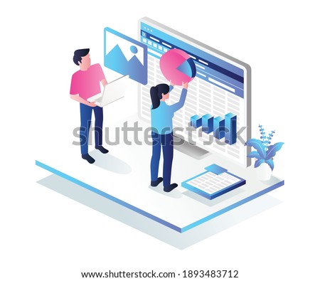 Flat concept isometric illustration. data analyst and microsoft excel