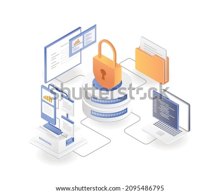 Server data security lock in isometric illustration