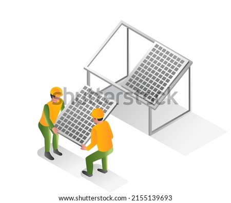 Isometric design concept illustration. two men installing solar panels
