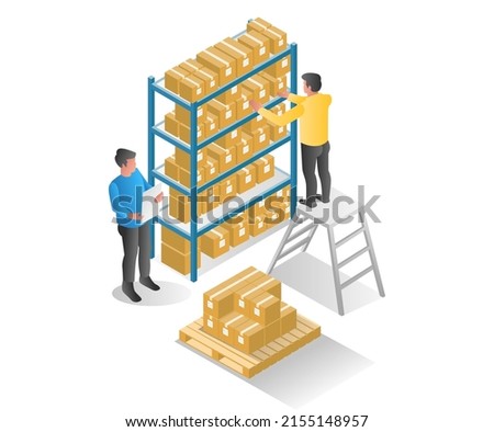 Flat isometric illustration concept. two men stacking things on a warehouse shelf