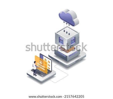 Flat isometric illustration concept. man controlling central server data