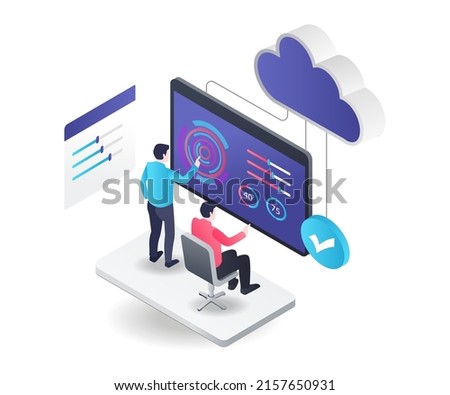 Flat isometric illustration concept. two people control cloud server from monitor