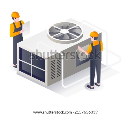 Isometric flat illustration concept. two men maintaining an HVAC cooler