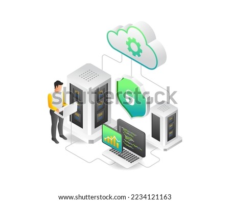 Flat isometric illustration concept of maintaining cloud server analysis data