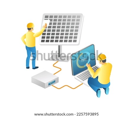 Flat isometric 3d illustration concept of two technicians maintaining energy solar panels