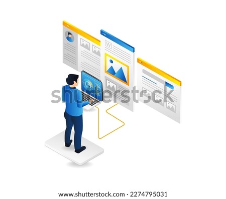 Isometric flat 3d illustration concept of man analyzing app web screen