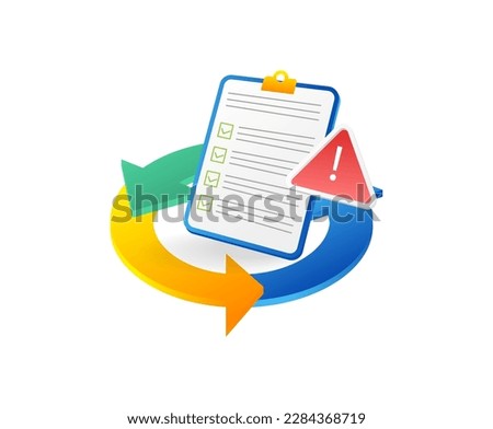 Checklist with exclamation mark and warning sign. Vector illustration.