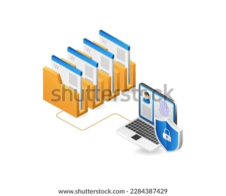 Data protection isometric concept with folder and laptop on white background vector illustration