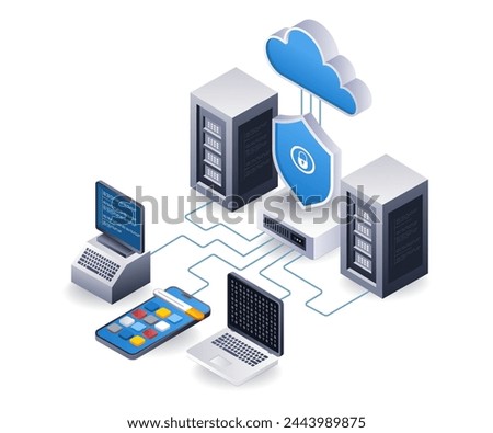 End point data security cloud server application technology concept, flat isometric 3d illustration