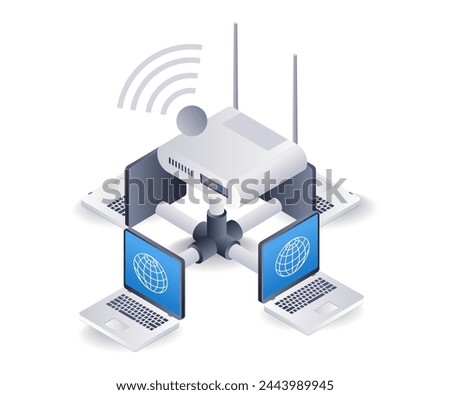 Internet router usage network concept, flat isometric 3d illustration