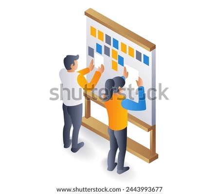Team filling scrum board for business plan, flat isometric 3d illustration