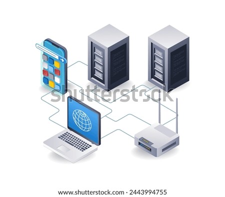 Wifi network tethering router internet computer data server concept, flat isometric 3d illustration