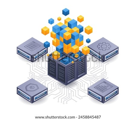 Blockchain network server technology isometric flat illustration