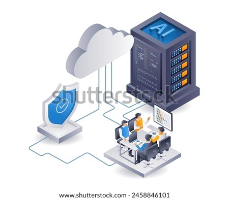 Cloud server security center team, infographic 3d illustration flat isometric