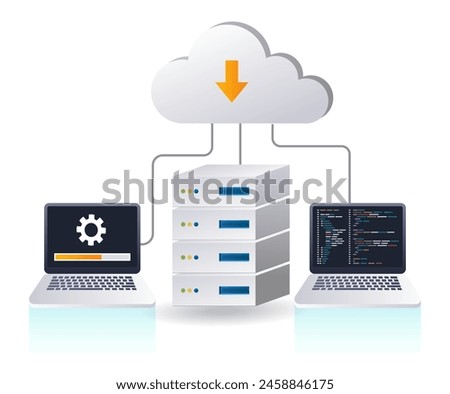 Maintaining technology cloud server system, infographic 3d illustration flat isometric