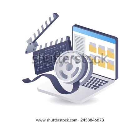 Data folder video movie editing technology infographic 3d illustration flat isometric