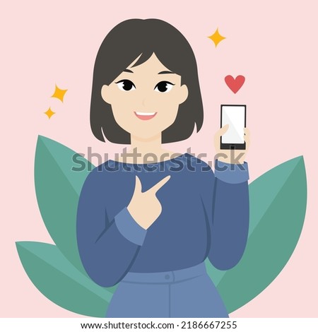 Character design short hair woman right hand holding a phone and her left hand pointed to that phone. Vector illustration.
