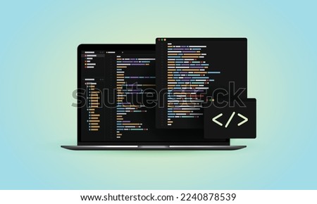 Concept of computer programming or developing software. Laptop computer with code on screen and design elements. Vector illustration EPS10.