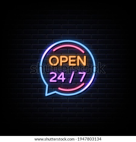 Neon 24 7 open time. Vector illustration