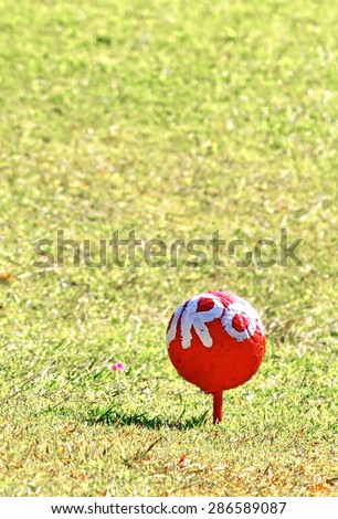 Red golf ball on tee over a blurred green. Shallow depth of field. Focus on the ball.