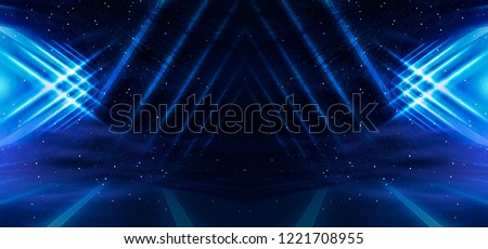 Tunnel in blue neon light, underground passage. Abstract blue background. Background of an empty black corridor with neon light. Abstract background with lines and glow 商業照片 © 