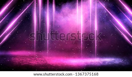 Ultraviolet background of empty foggy street with wet asphalt, illuminated by a searchlight, laser beams, smoke Сток-фото © 