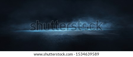 Dark street, wet asphalt, reflections of rays in the water. Abstract dark blue background, smoke, smog. Empty dark scene, neon light, spotlights. Concrete floor Сток-фото © 