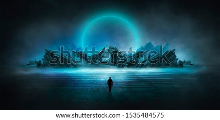 Futuristic night landscape with abstract landscape and island, moonlight, shine. Dark natural scene with reflection of light in the water, neon blue light. Dark neon circle background.