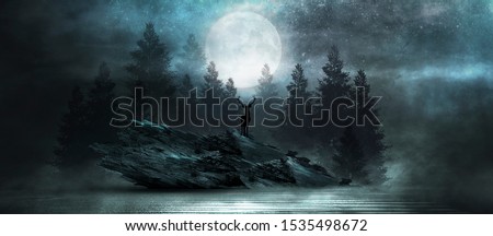 Futuristic night landscape with abstract forest landscape. Dark natural forest scene with reflection of moonlight in the water, neon blue light. Dark neon circle background, dark forest, deer.
