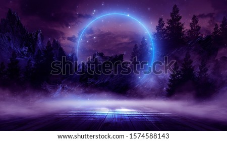 Night landscape, dark forest, river. Night sky, mountains. Reflection in the water of moonlight. Dark natural background. 3D illustration